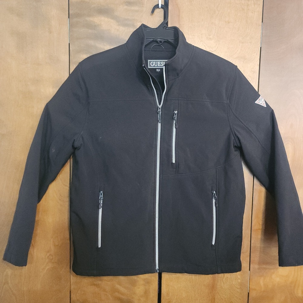 D57 Guess Mens‎ Black Softshell Full Zip Jacket Large Windbreaker Mock Neck Coat